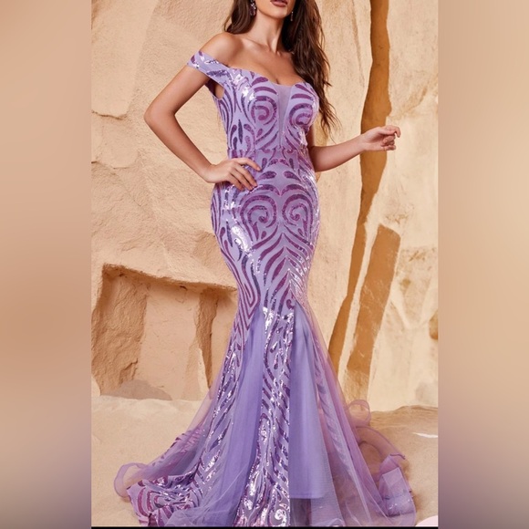NWT Off Shoulder Sleeveless Mesh Insert Sequin
Mermaid Dress. - Picture 2 of 6